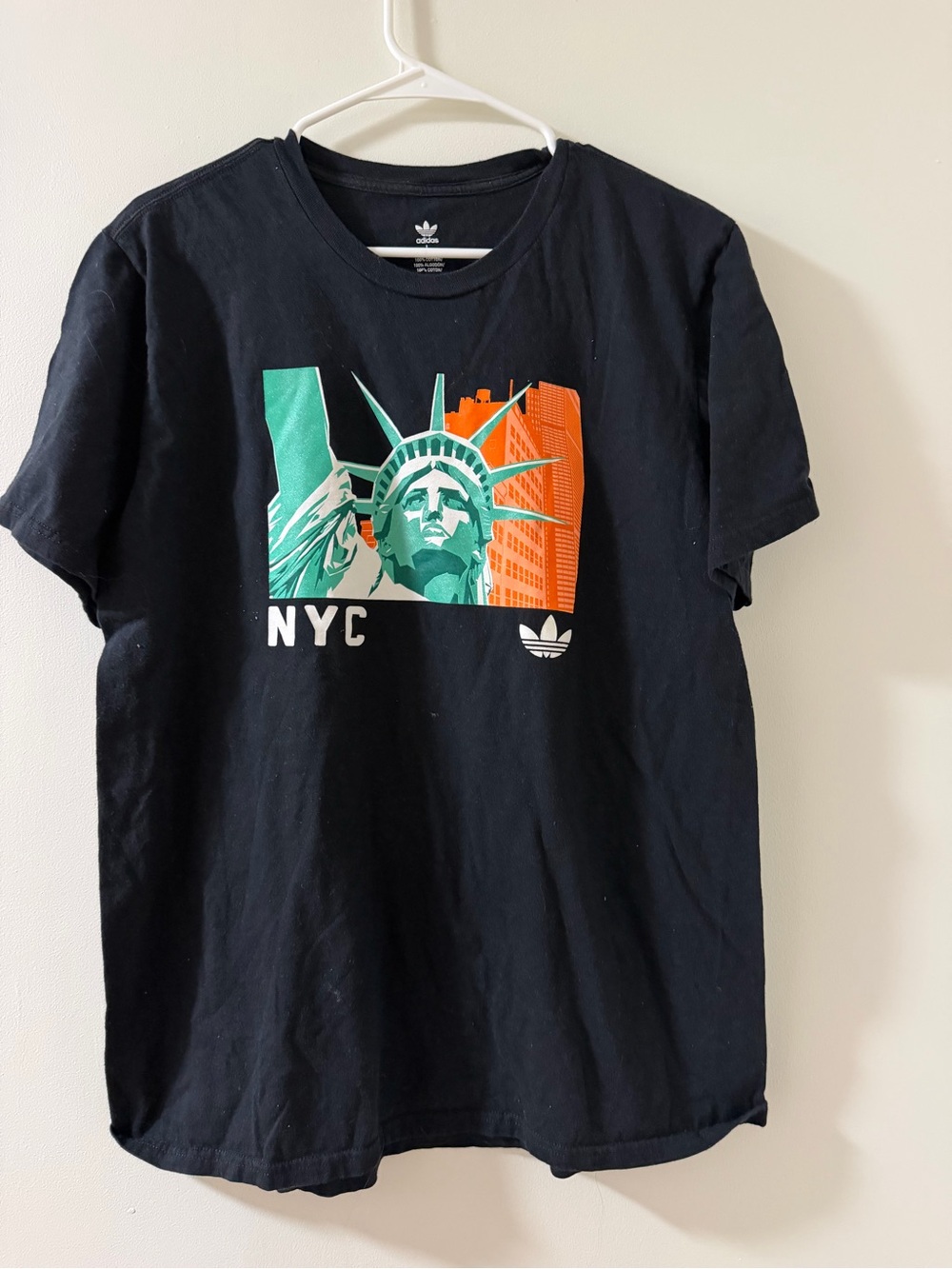 adidas Black Tee with Green & Orange Statue of Liberty Graphic